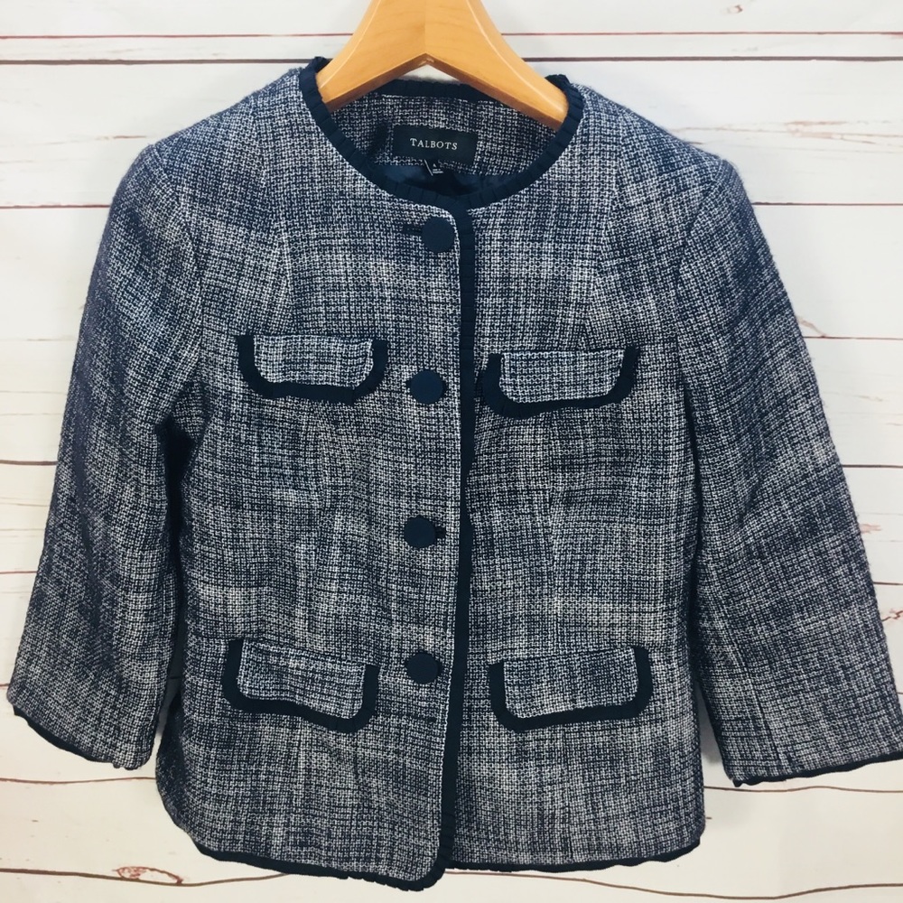 Talbots Career Blazer Blue & White 3/4 Sleeve.